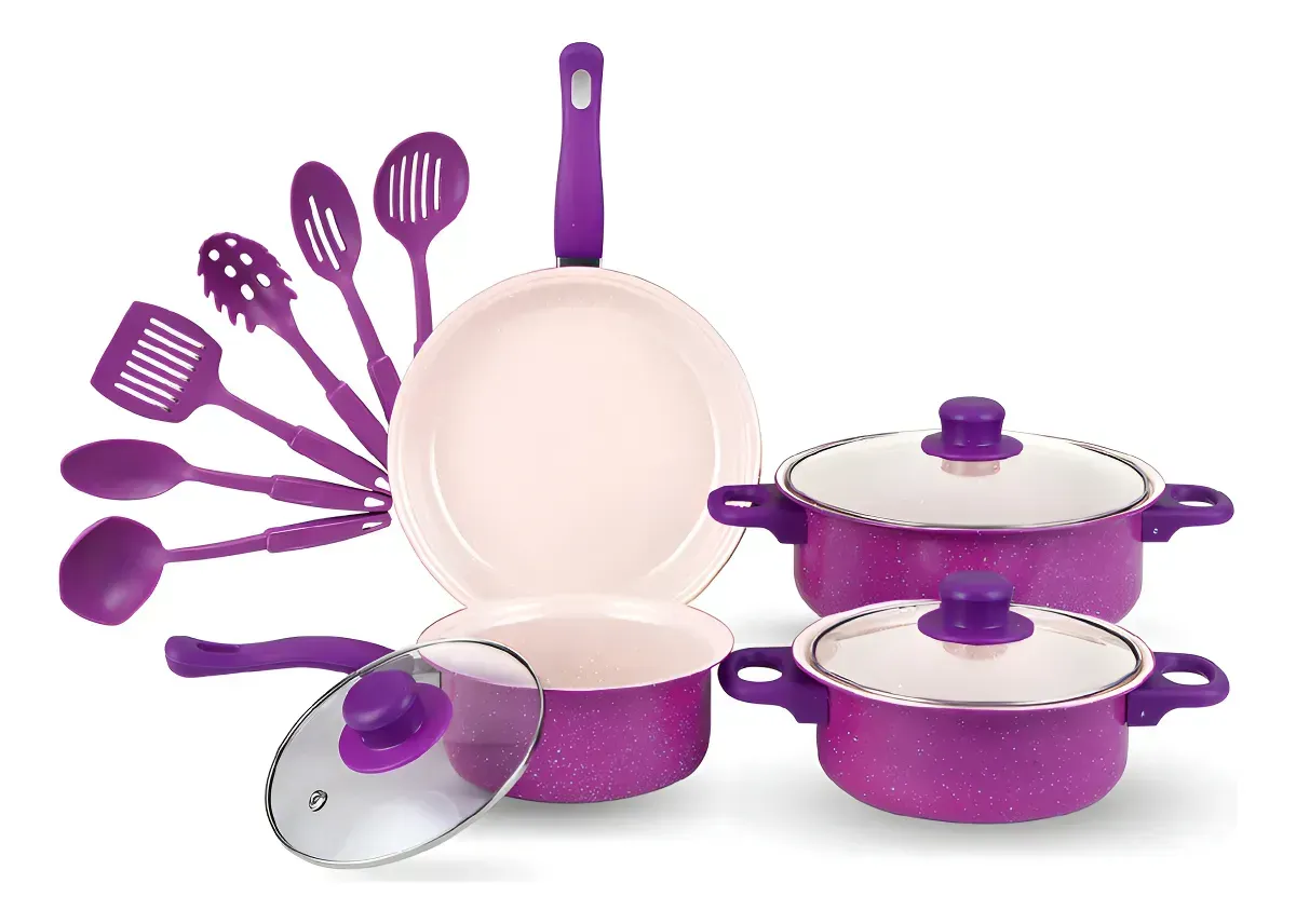 Juego De Ollas Con Tapa Vidrio Esmaltada Con Utensilios 13 Piezas Morado - imagen 1