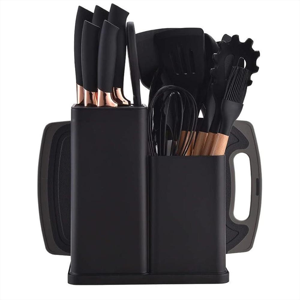 Set Completo De 18 Utensilios Y Cuchillos De Cocina De Silicona Antiadherentes Negro - imagen 1