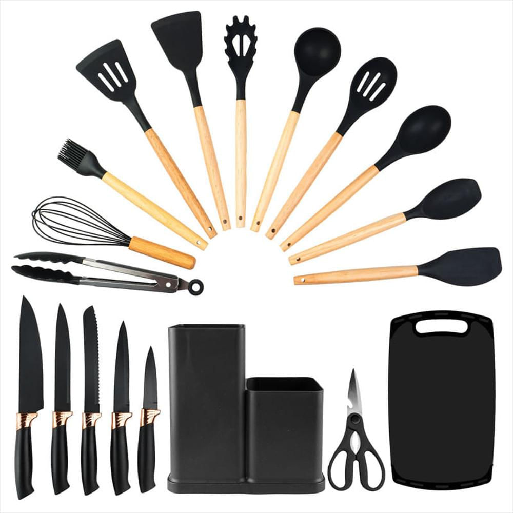 Juego De Cucharones Cocina, Cuchillos, Tabla, Tijera 21 Pzas Negro - imagen 1